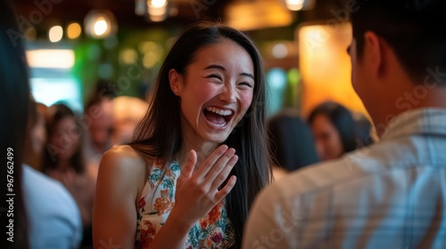 A joyful woman laughing in a lively social gathering.