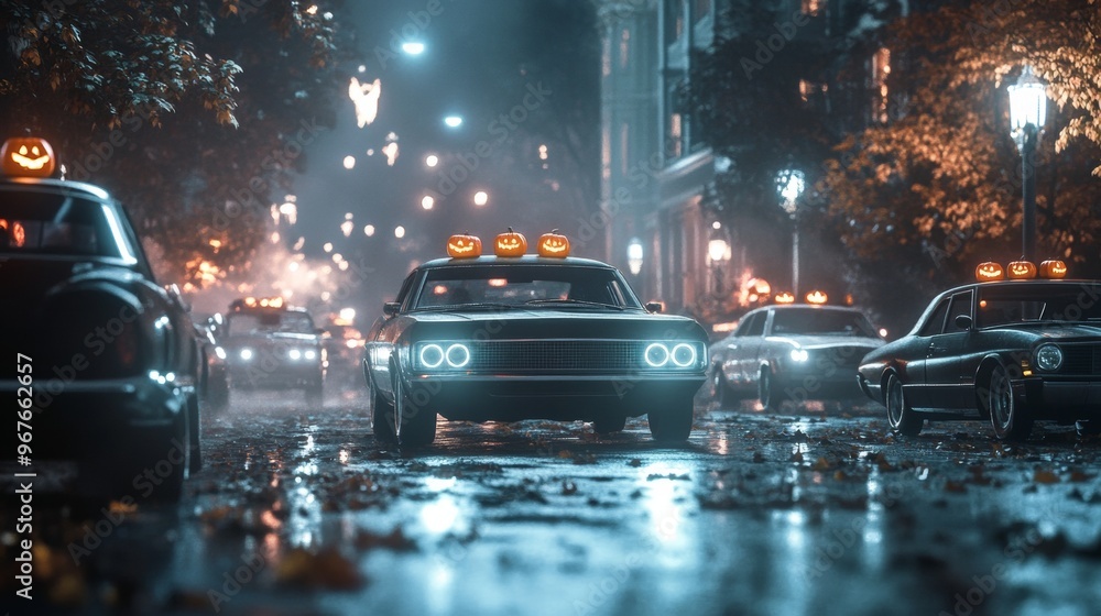 Obraz premium Spooky car convoy through a fog-filled Halloween festival vintage cars with jack-o-lanterns on the roofs