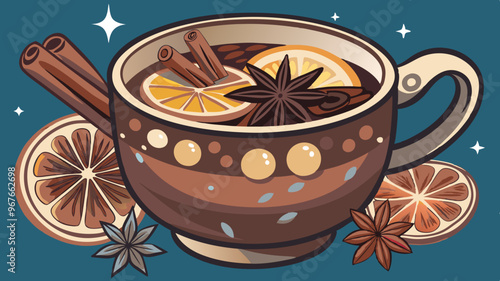 Vibrant illustration of a cup of mulled wine with spices and lemon slices against a teal background