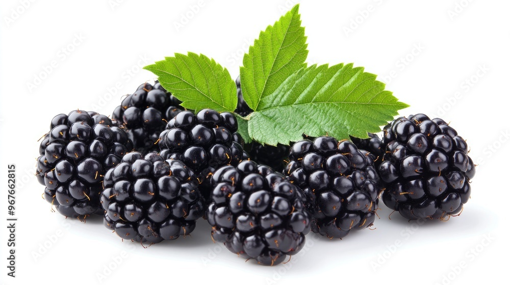 Cluster of blackberries with small green leaves, isolated on a white background. Cluster of blackberries with small green leaves, isolated on a white background.