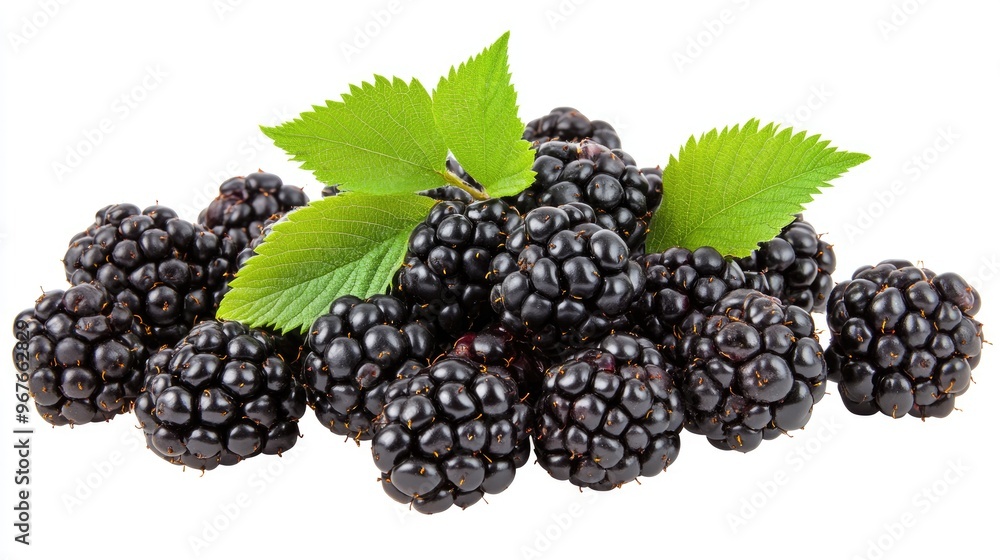Cluster of blackberries with small green leaves, isolated on a white background. Cluster of blackberries with small green leaves, isolated on a white background.