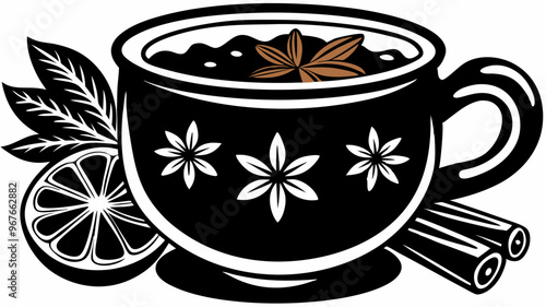 Stylized black and white silhouette of a cup of mulled wine with spices, lemon, and decorative flowers