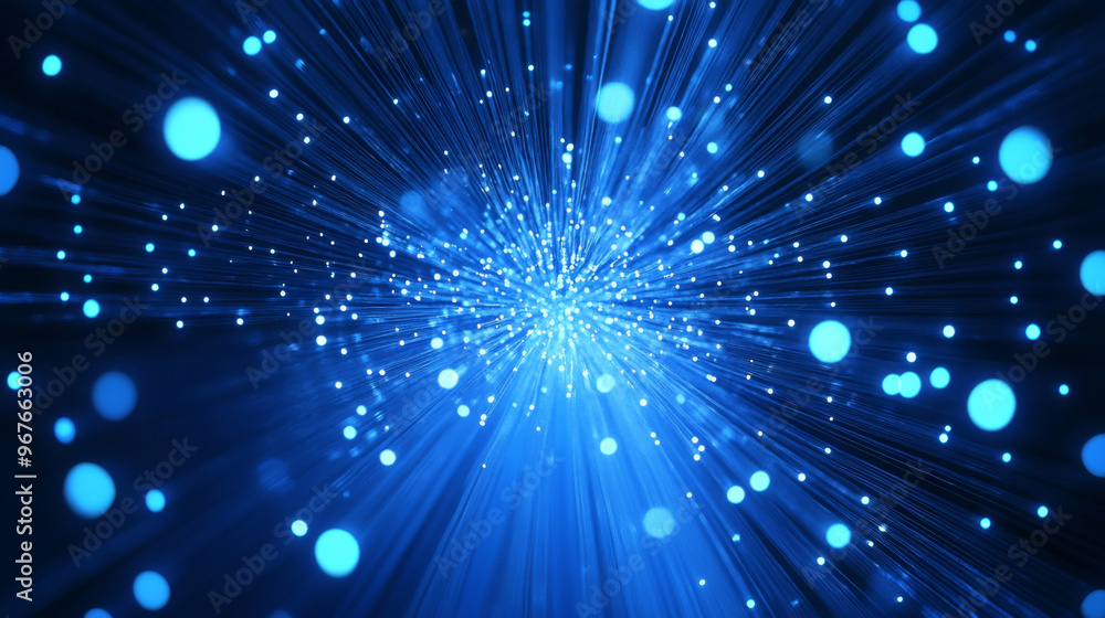 Abstract representation of blue particles radiating outward in a bright display, creating a sense of depth and motion, illustrating energy and vibrancy in a cosmic or digital environment Abstract representation of blue particles radiating outward in a bright display, creating a sense of depth and motion, illustrating energy and vibrancy in a cosmic or digital environment