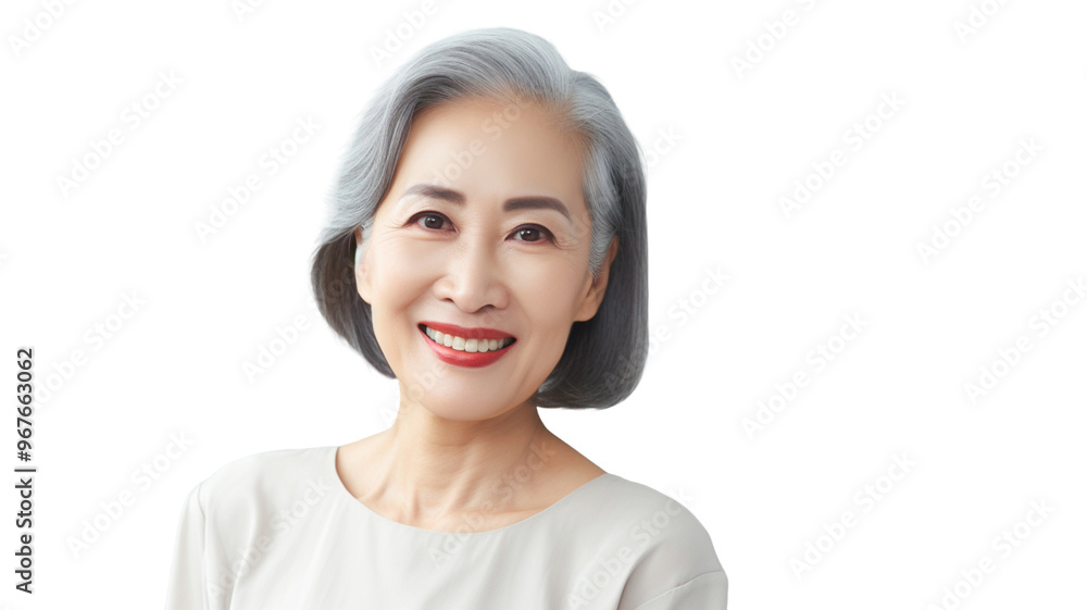 Middle-aged smiling charming cute asian woman female wear white t-shirt isolated on transparent background PNG. Middle-aged smiling charming cute asian woman female wear white t-shirt isolated on transparent background PNG.