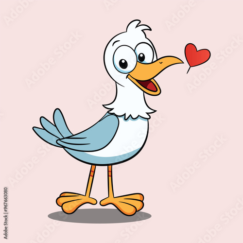 Funny cartoon seagull in love vector character illustration
