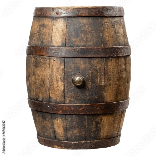 Wooden barrel with metal fittings in rustic style, cut out transparent