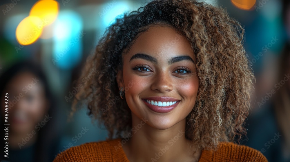 A young woman with curly hair smiles warmly during a social gathering at a cozy café in the late afternoon light, surrounded by friends and a lively atmosphere A young woman with curly hair smiles warmly during a social gathering at a cozy café in the late afternoon light, surrounded by friends and a lively atmosphere