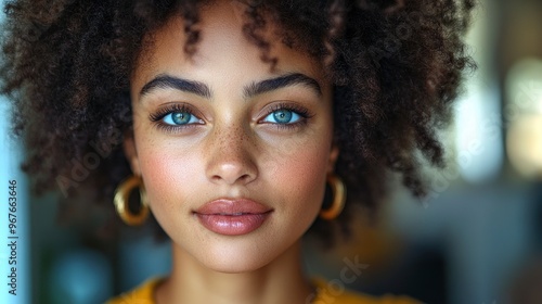 Portrait of a Young Woman with Blue Eyes and Curly Hair