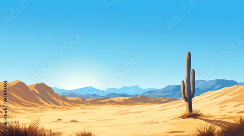 A vast desert landscape with rolling sand dunes under a clear blue sky, a single cactus in the distance.