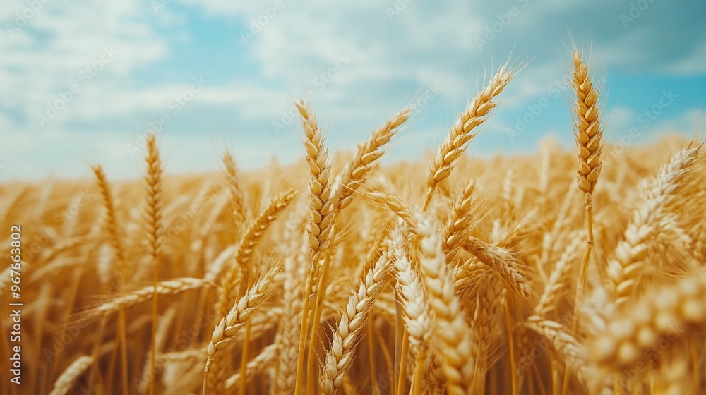 Fototapeta premium summer landscape of golden wheat field, wide open countryside with scenic harvest and sunny farming land