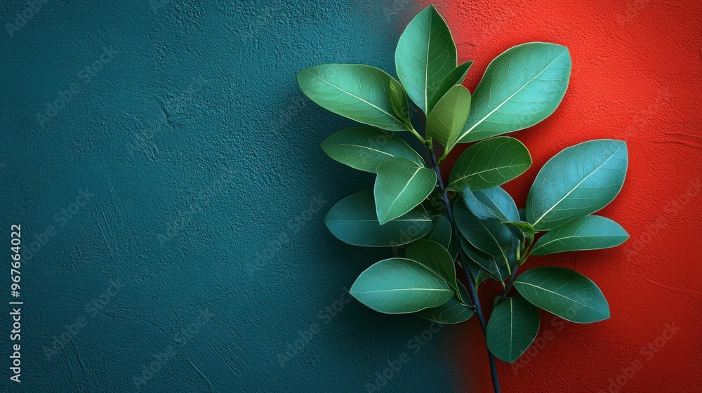 Fototapeta premium Green Leaves on Teal and Red Background