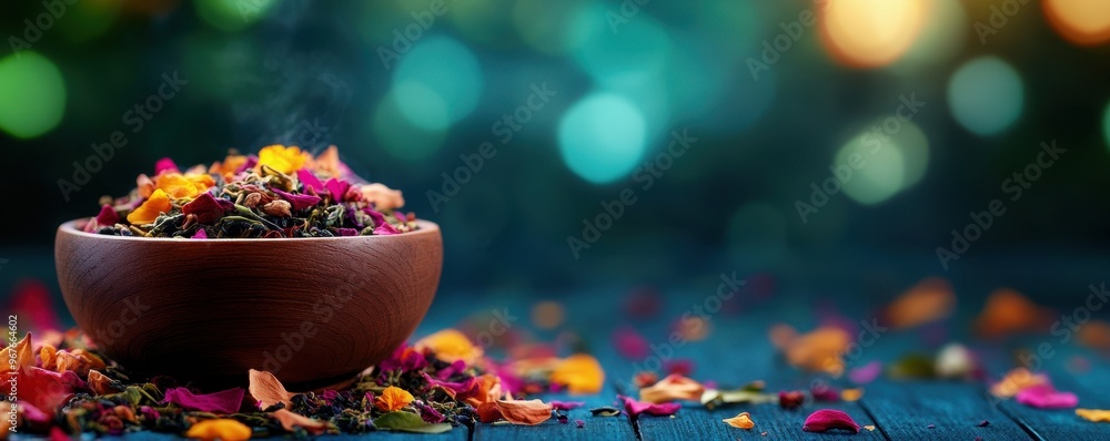 A vibrant bowl of aromatic herbs and flowers emits steam, creating a calming atmosphere on a wooden surface. A vibrant bowl of aromatic herbs and flowers emits steam, creating a calming atmosphere on a wooden surface.