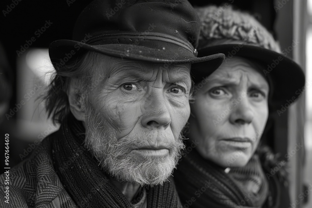 A candid moment capturing an elderly couple seated together, showcasing their unique expressions and emotions in a black and white setting, highlighting a shared history and connection A candid moment capturing an elderly couple seated together, showcasing their unique expressions and emotions in a black and white setting, highlighting a shared history and connection