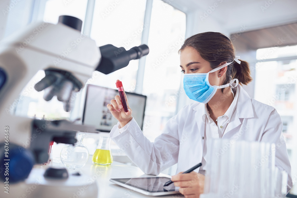 Mask, blood and woman in laboratory for science breakthrough, clinical trial or discovery. DNA vial, medical testing or tablet for vaccine research with scientist for mpox cure or disease development Mask, blood and woman in laboratory for science breakthrough, clinical trial or discovery. DNA vial, medical testing or tablet for vaccine research with scientist for mpox cure or disease development