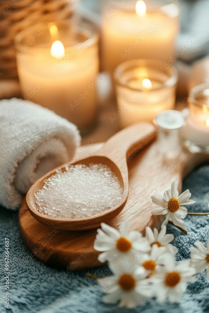 Relaxing spa setup with candles and natural elements on a wooden surface featuring salt and fresh flowers for a soothing ambiance Relaxing spa setup with candles and natural elements on a wooden surface featuring salt and fresh flowers for a soothing ambiance
