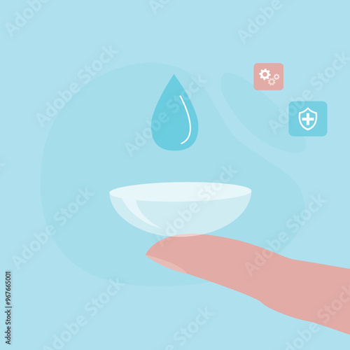 Hand holding a contact lens. Ophthalmologist recommending prescription corrective lenses for myopia. Finger holds contact lens.