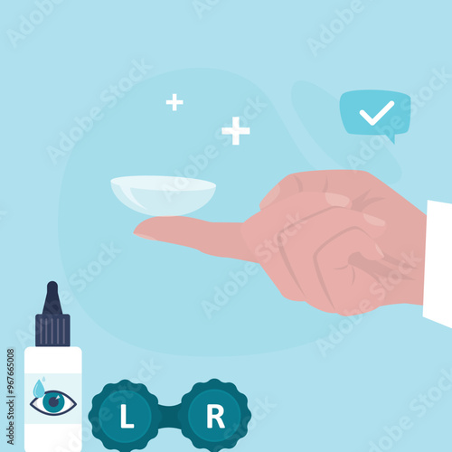 Hand holding a contact lens. Container, vial with lens solution. Ophthalmologist recommending prescription corrective lenses for myopia.