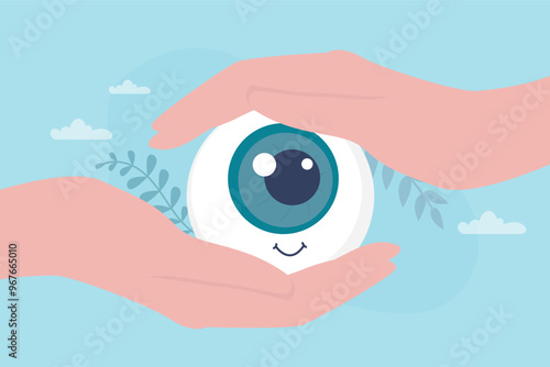 Human hands holding and covering eyeball. Eye medical care, healthcare and treatment. Healthy internal organ. Eyesight care.