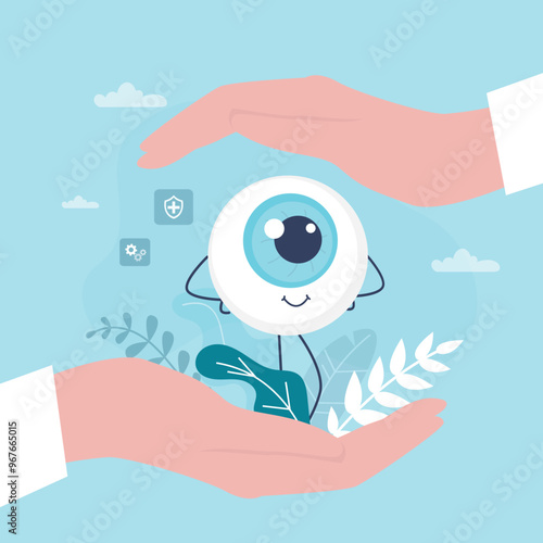 Ophthalmologist hands holding and covering eyeball. Eye medical care, healthcare and treatment. Healthy internal organ in oculist hands. Eyesight care.