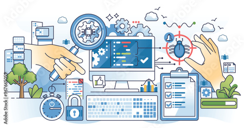 Functional testing and examining bugs in app system outline hands concept. Programming and coding problem prevention using code check, analysis and audit vector illustration. Software development.