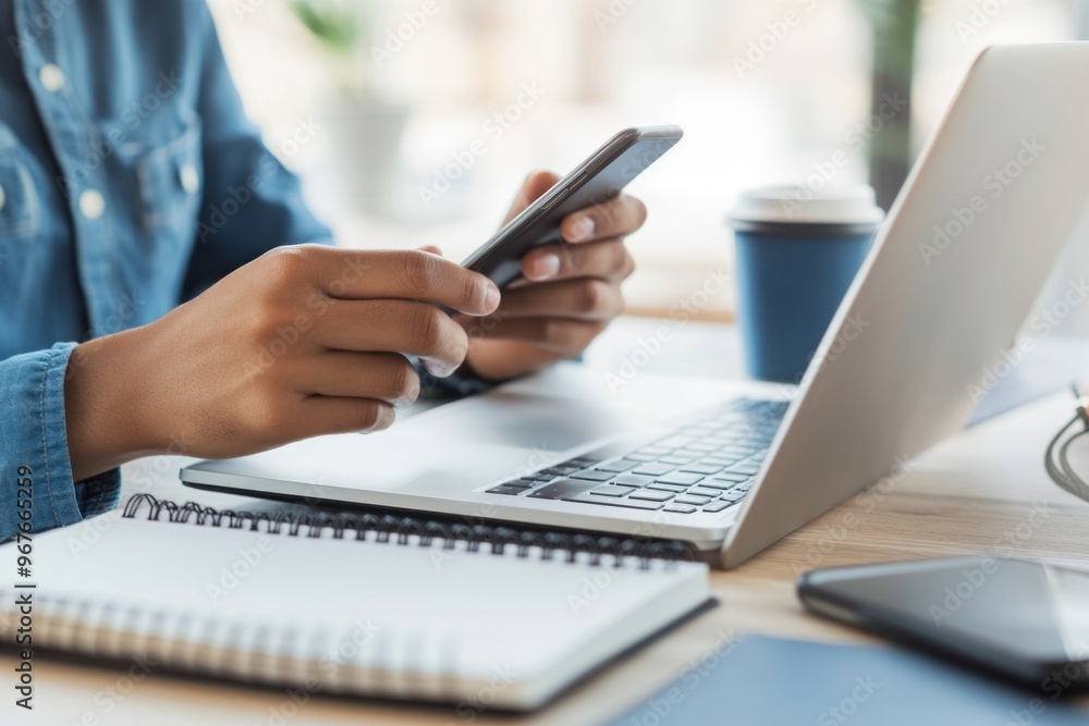 Close-Up of a Person Using a Smartphone at a Desk Close-Up of a Person Using a Smartphone at a Desk