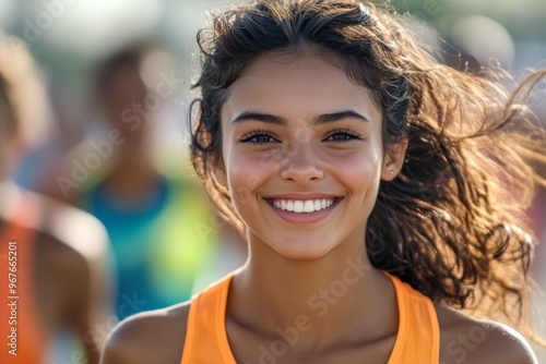 A young athlete smiles while participating in a vibrant outdoor race on a sunny day filled with cheering crowds in the background photo