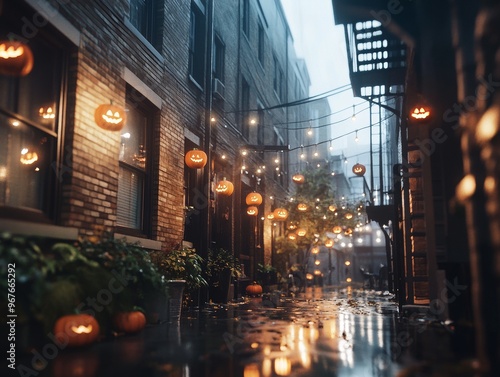 Spooky Halloween block party in a fog-filled urban alley glowing jack-o-lanterns hanging from windows