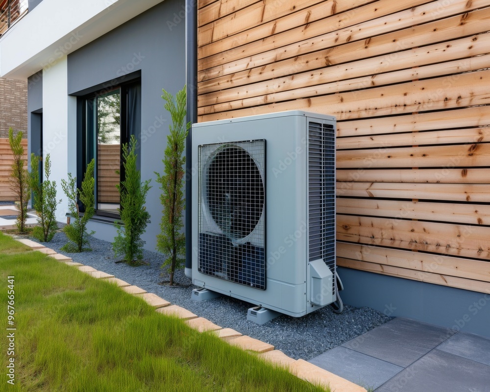 Modern air conditioning unit installed next to a stylish wooden exterior of a contemporary home surrounded by a well-manicured lawn on a sunny day Modern air conditioning unit installed next to a stylish wooden exterior of a contemporary home surrounded by a well-manicured lawn on a sunny day