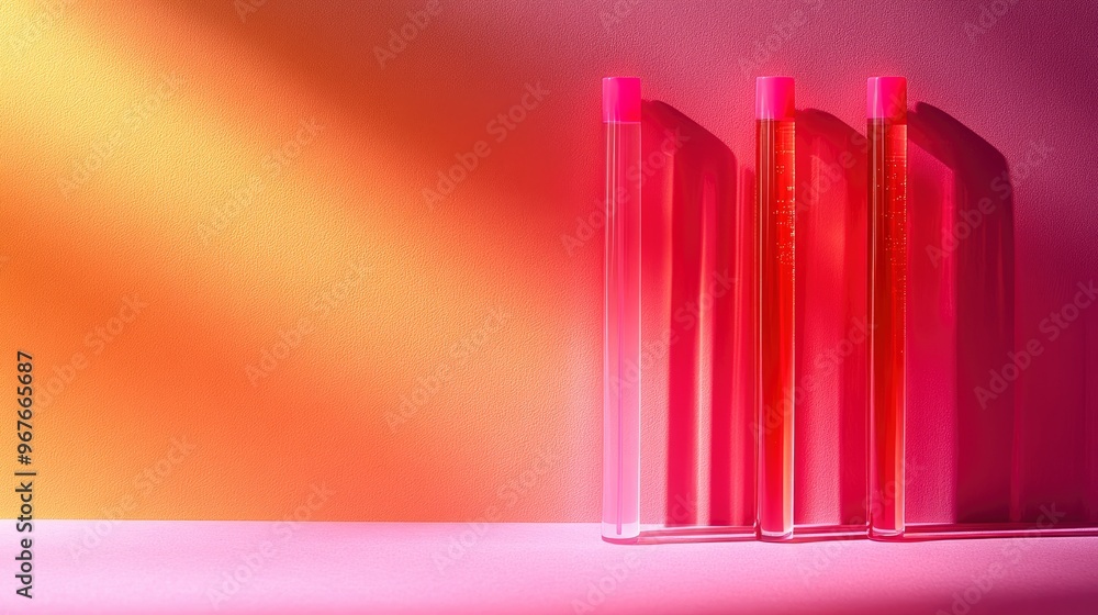 Fototapeta premium Three Glass Tubes with Pink Caps on Pink and Orange Background
