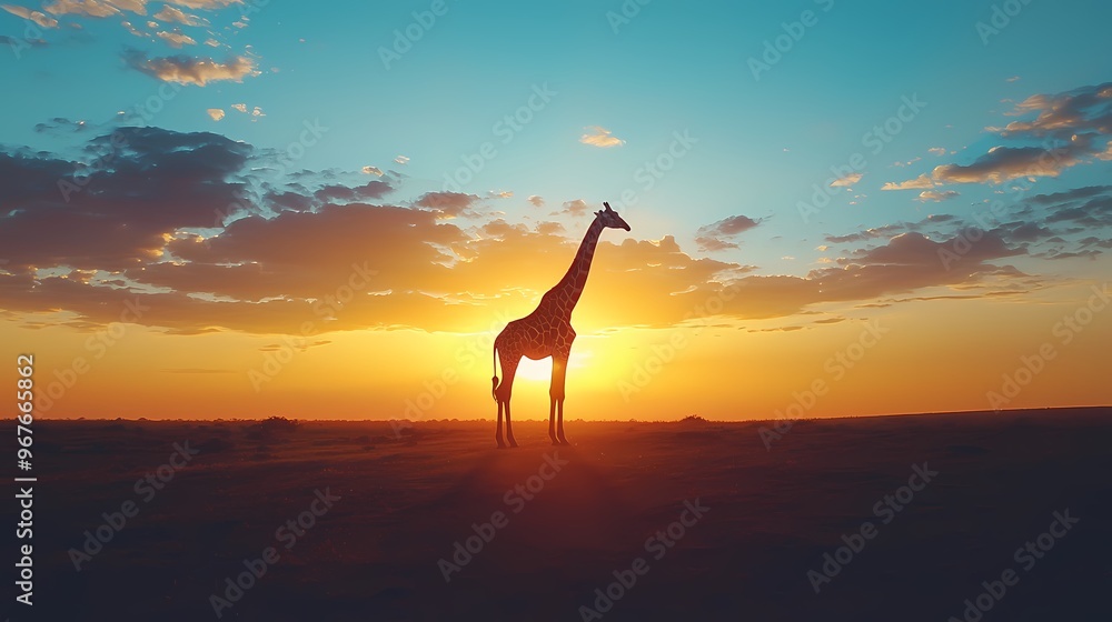 Silhouette of a giraffe against a vibrant sunset sky. Silhouette of a giraffe against a vibrant sunset sky.