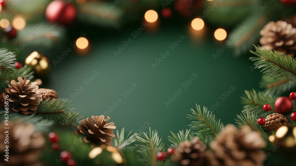 Festive Christmas wreath with pinecones and ornaments, beautifully arranged for holiday decoration on a green background. Festive Christmas wreath with pinecones and ornaments, beautifully arranged for holiday decoration on a green background.