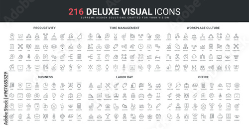 Productivity of business growth, office culture and communication at workplace, works in industry line icon set. Time and document management, startup thin black outline symbols vector illustration