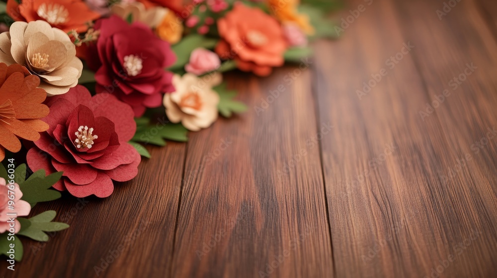 Handcrafted paper flowers scattered on a weathered wood surface, warm tones, delicate petals, rustic arrangement, close-up shot, soft shadows, highly detailed floral art Handcrafted paper flowers scattered on a weathered wood surface, warm tones, delicate petals, rustic arrangement, close-up shot, soft shadows, highly detailed floral art
