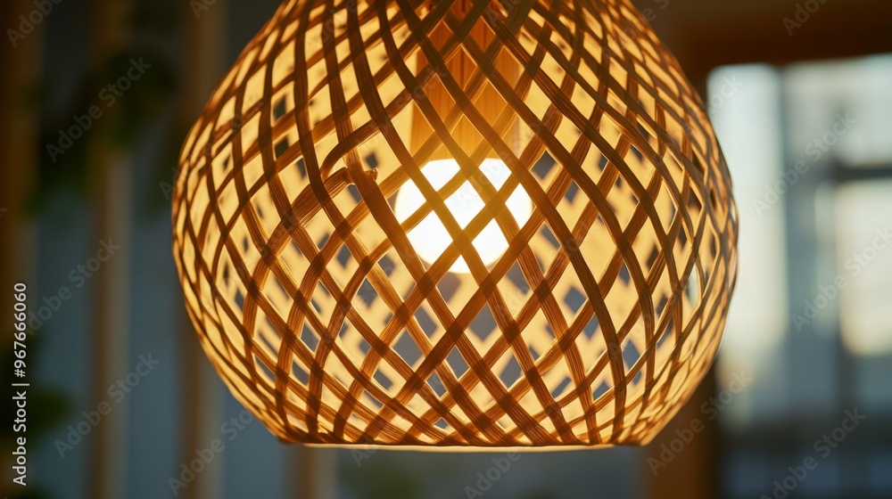 Obraz premium Intricately woven bamboo pendant light illuminates a cozy interior space during the evening, adding warmth and charm to the modern decor
