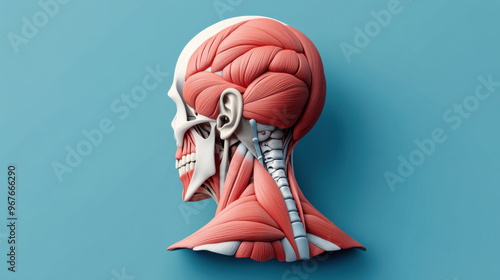 Side view of a human head anatomy model showing muscles, skull, and vertebrae against a blue background. photo