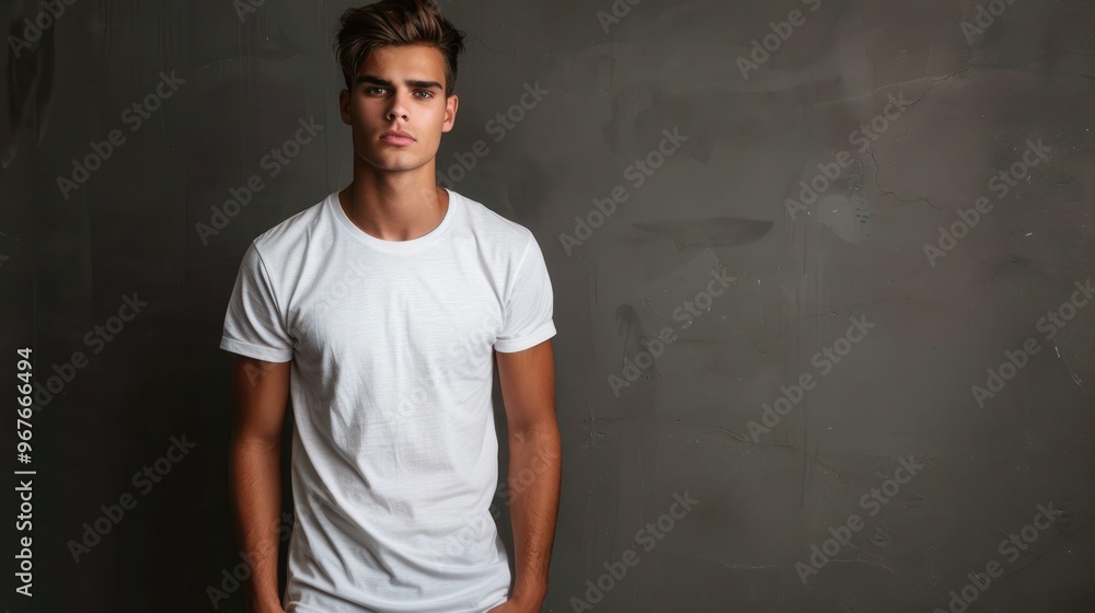 Young man confidently showcases white tshirt. Concept Fashion Photography, White T-shirt, Confident, Young Man, Stylish Portrait Young man confidently showcases white tshirt. Concept Fashion Photography, White T-shirt, Confident, Young Man, Stylish Portrait
