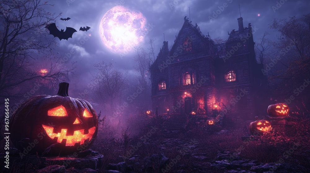Haunted house with glowing jack-o'-lanterns, bats circling under a full moon, dark gothic atmosphere, eerie fog, glowing orange and purple lights, Fantasy, 3D render Haunted house with glowing jack-o'-lanterns, bats circling under a full moon, dark gothic atmosphere, eerie fog, glowing orange and purple lights, Fantasy, 3D render