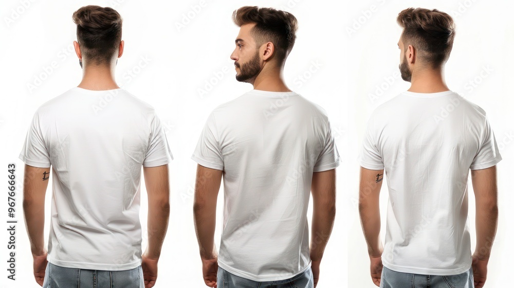 Young man in stylish tshirt with front and back views isolated on white. Concept Fashion Photography, Stylish T-shirt, Front and Back Views, Isolated White Background Young man in stylish tshirt with front and back views isolated on white. Concept Fashion Photography, Stylish T-shirt, Front and Back Views, Isolated White Background
