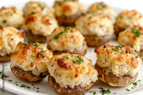 Close Up of Delicious Creamy Stuffed Mushroom Appetizers With Fresh Parsley On White Plate