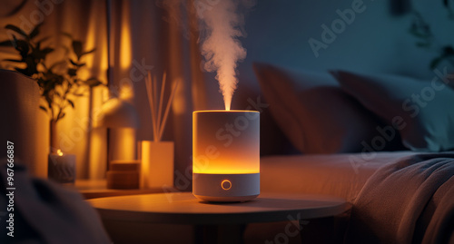 A relaxing evening in a softly lit bedroom featuring an essential oil diffuser emitting aromatic steam on a wooden table near a cozy bed