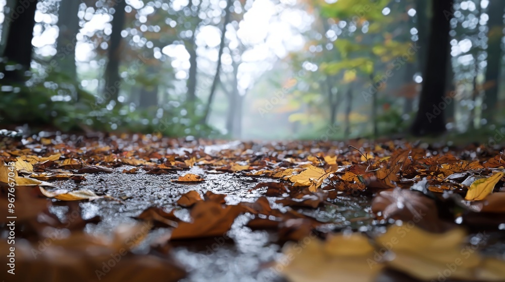 Raining day, A tranquil forest scene with a carpet of autumn leaves, gentle breeze rustling the foliage Raining day, A tranquil forest scene with a carpet of autumn leaves, gentle breeze rustling the foliage