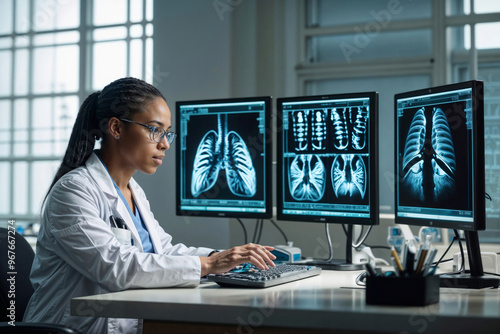 African American woman medical doctor is working on computer analyzing chest, bones X-rays on screen. She is wearing a white lab coat and glasses