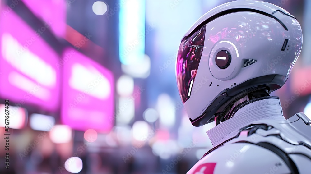 Futuristic AI Robot in Vibrant Cityscape - Sleek Design with Neon Reflections and Holographic Elements Showcasing Advanced Innovation and Modern Aesthetics Futuristic AI Robot in Vibrant Cityscape - Sleek Design with Neon Reflections and Holographic Elements Showcasing Advanced Innovation and Modern Aesthetics