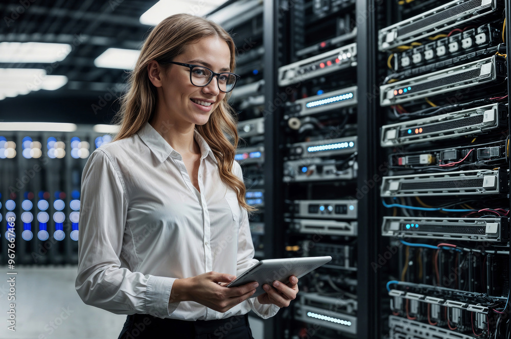 Portrait of female IT specialist between row of operational server racks in data center. Engineer uses tablet computer for maintenance Portrait of female IT specialist between row of operational server racks in data center. Engineer uses tablet computer for maintenance