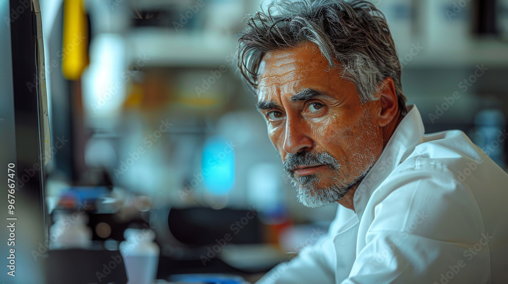 A focused scientist analyzes data in a modern laboratory, showcasing a blend of concentration and curiosity during a research project late in the afternoon A focused scientist analyzes data in a modern laboratory, showcasing a blend of concentration and curiosity during a research project late in the afternoon