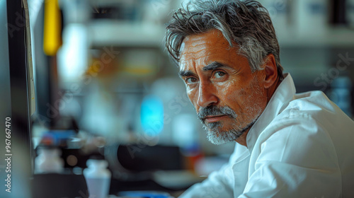 A focused scientist analyzes data in a modern laboratory, showcasing a blend of concentration and curiosity during a research project late in the afternoon