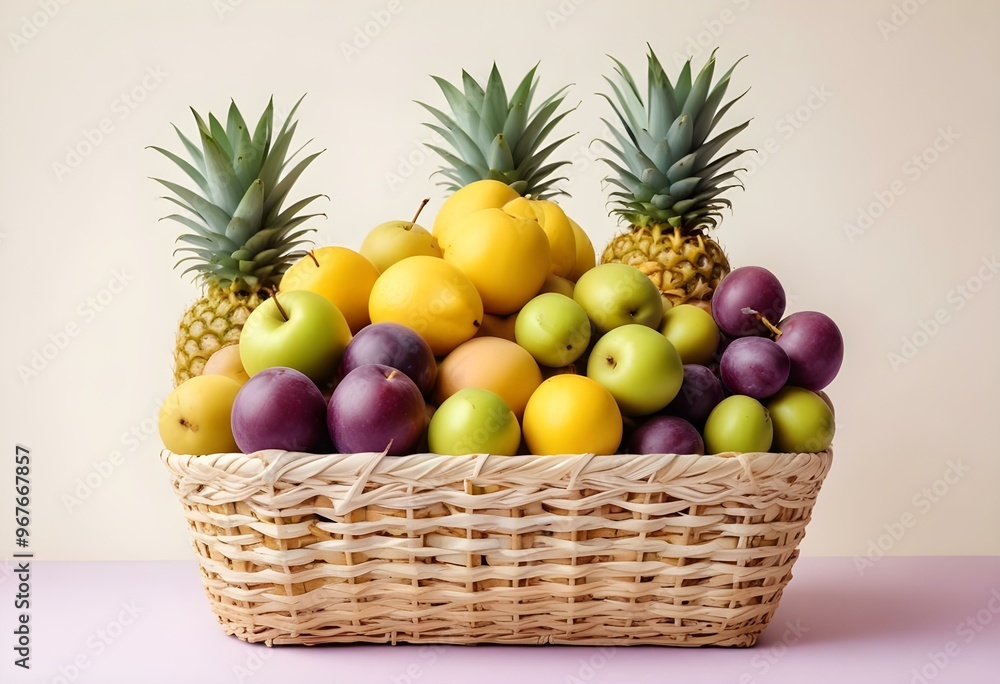 Freshness and variety of healthy fruits on wooden table generated by artificial intelligence Freshness and variety of healthy fruits on wooden table generated by artificial intelligence