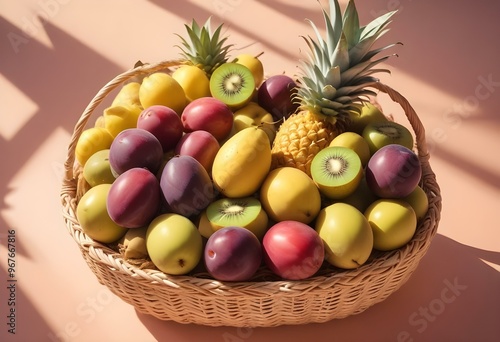 Freshness and variety of healthy fruits on wooden table generated by artificial intelligence