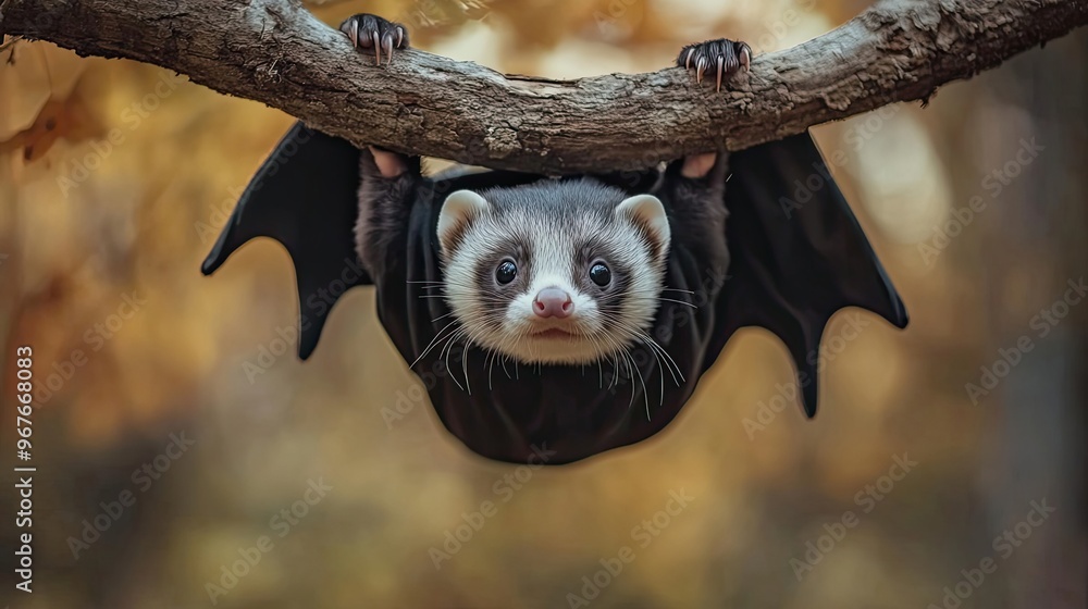 Obraz premium A Ferret Dressed As A Bat Hanging From A Branch