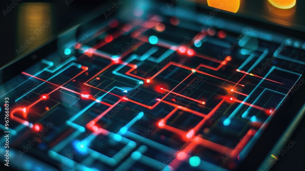 defocused digital interface displaying neon circuit paths and glowing nodes defocused digital interface displaying neon circuit paths and glowing nodes